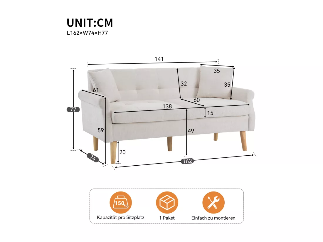 Haobosic - Canapé Double Moderne en Tissu Chenille avec Coussins Épais et Pieds en Bois Massif, Design Ergonomique - Idéal pour Salon, Chambre