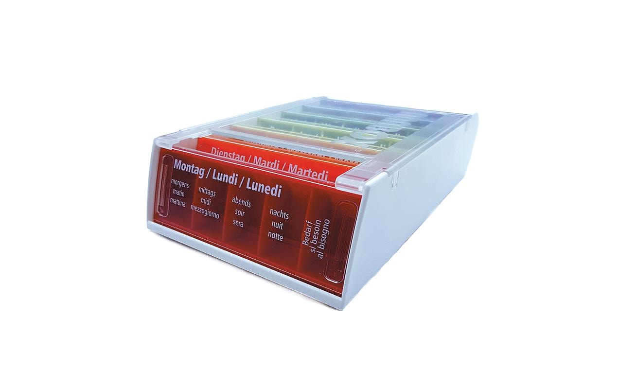 Wochenpillenspender Medidispenser 7 Tage 5 Fächer DE/FR/ITMedikamentenbox mit 7 x 5 Fächer