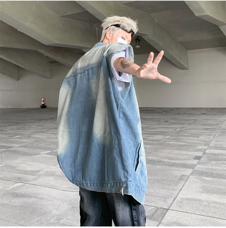 Hushgrain - Gewassen denim vest met kraag en rits