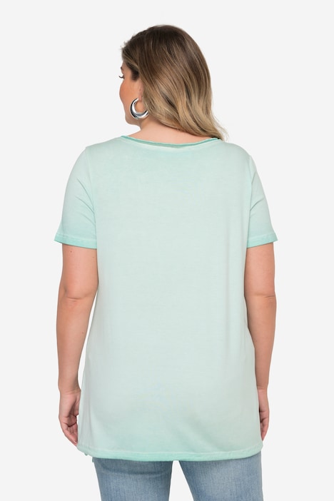 T-Shirt, V-Ausschnitt mit Zierbändern, Halbarm, Saum zum Binden
