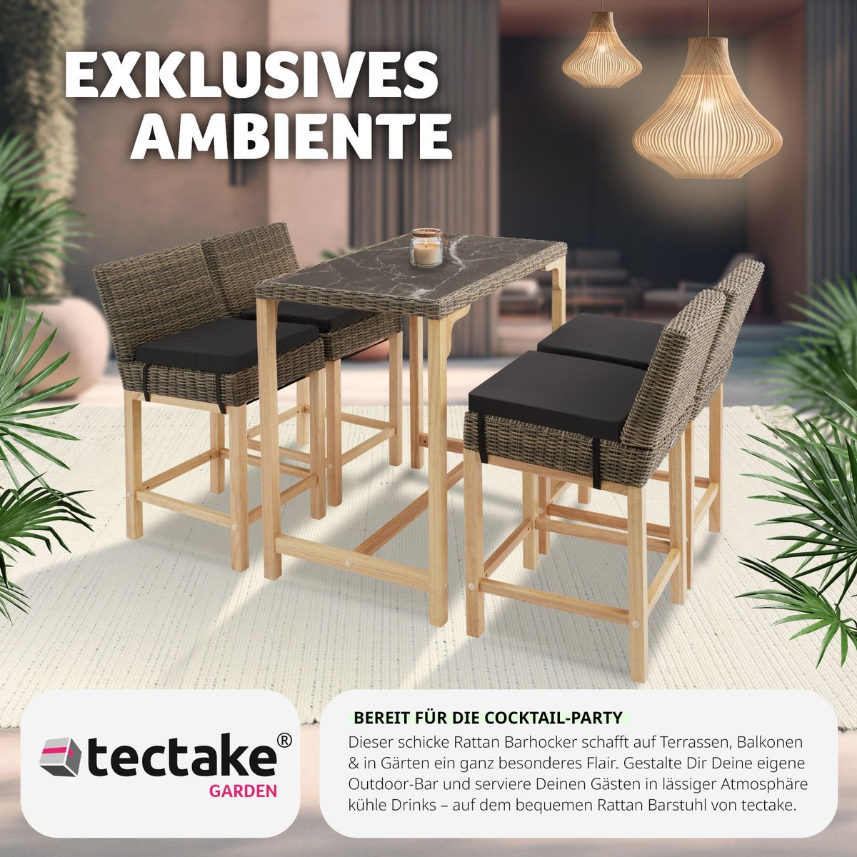 Rotan barkruk tectake Latina met aluminium frame inclusief zitkussen, 45 x 62,5 x 99 cm