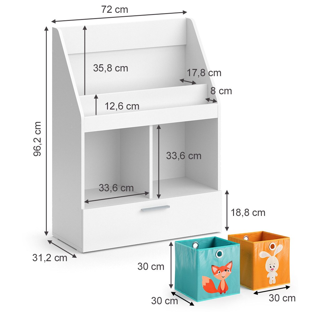 Vicco Kinderregal Bücherregal Wandregal Luigi Weiß 72x96 cm modern Kinderzimmer Regal Spielzeugregal Dekoregal Standregal Aufbewahrungsregal Würfelregal Schublade Ablage Fach freistehend Faltbox