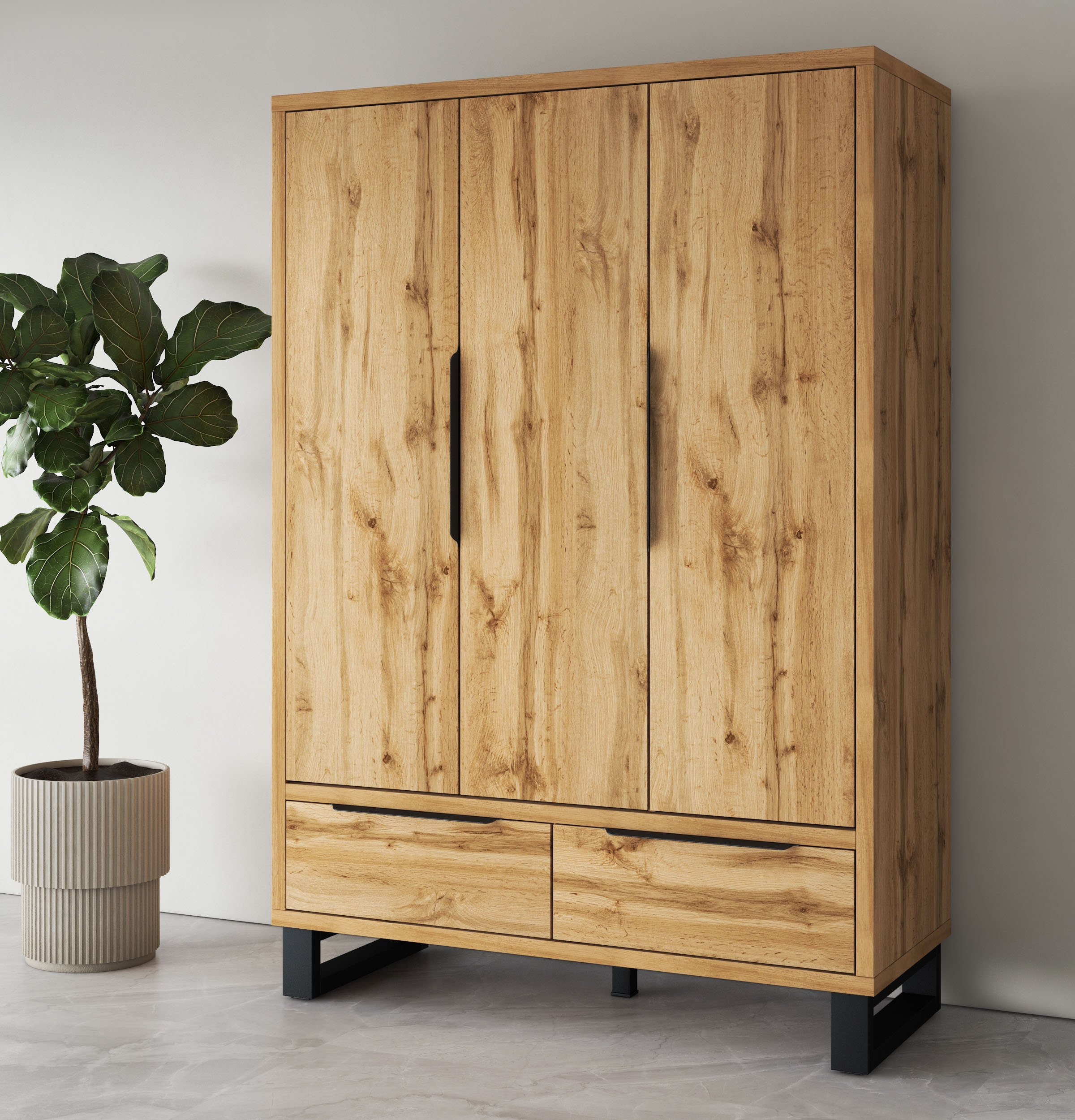 Home affaire Drehtürenschrank »Bronne,Breite 145 cm, Wäscheschrank inclusive Innenausstattung« Kleiderschrank, 2 Schubladen, Metallgriffe, Garderobe