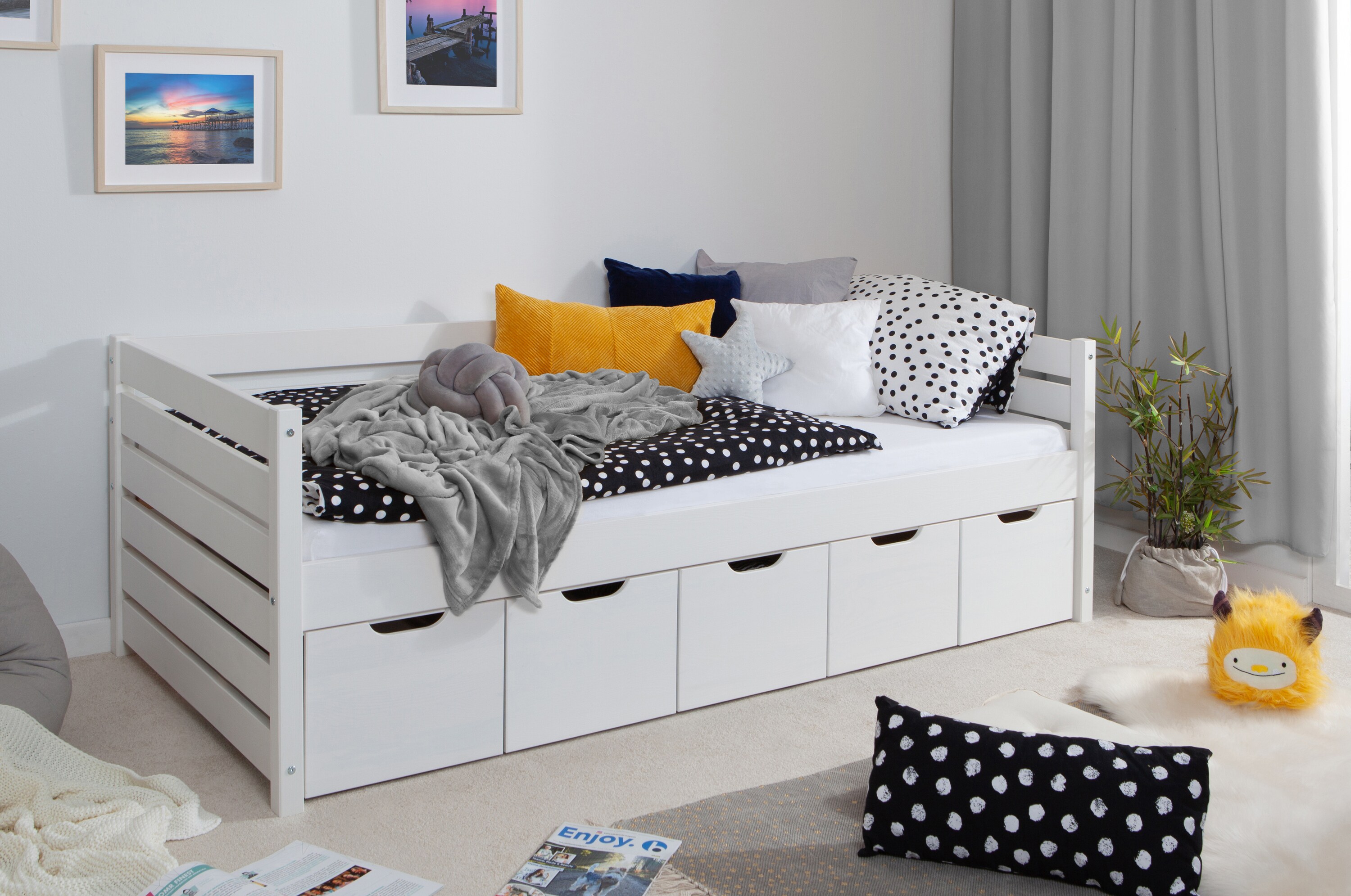 TiCAA Sofabett Naomi inkl. 5x Schubkästen, 100x200, Weiß