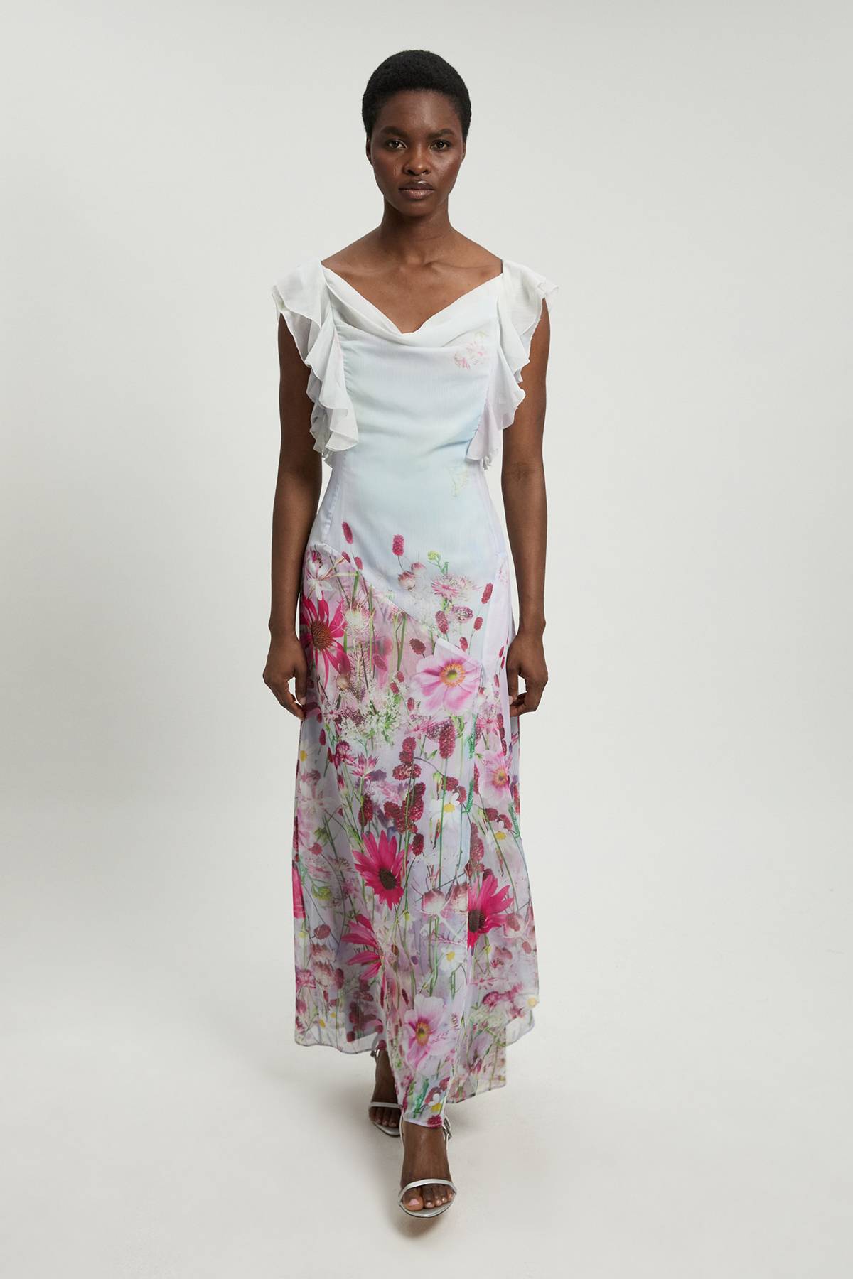 KarenMillen Robe Midi Tissée En Georgette Froissée À Imprimé Floral Et Manches À Volants