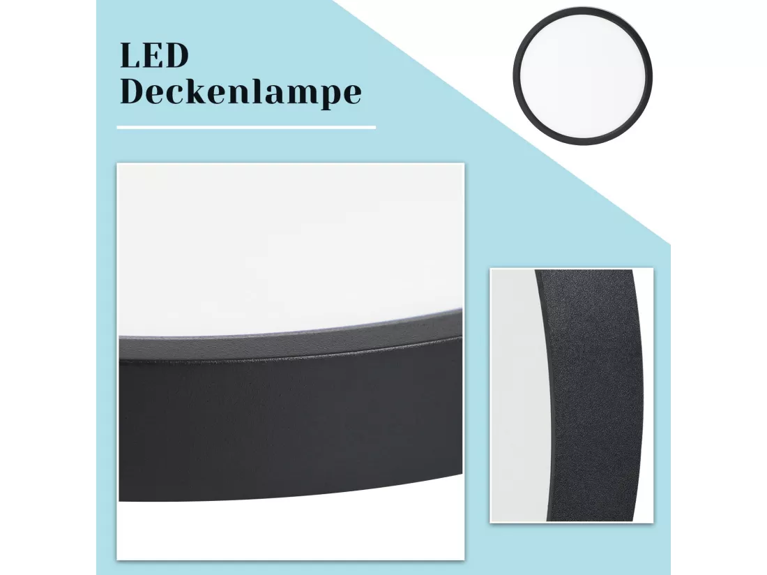 NETTLIFE Plafonnier LED Ø 30 cm - 24 W, Noir, 3000 K - Éclairage moderne cuisine, salle de bain, couloir, chambre