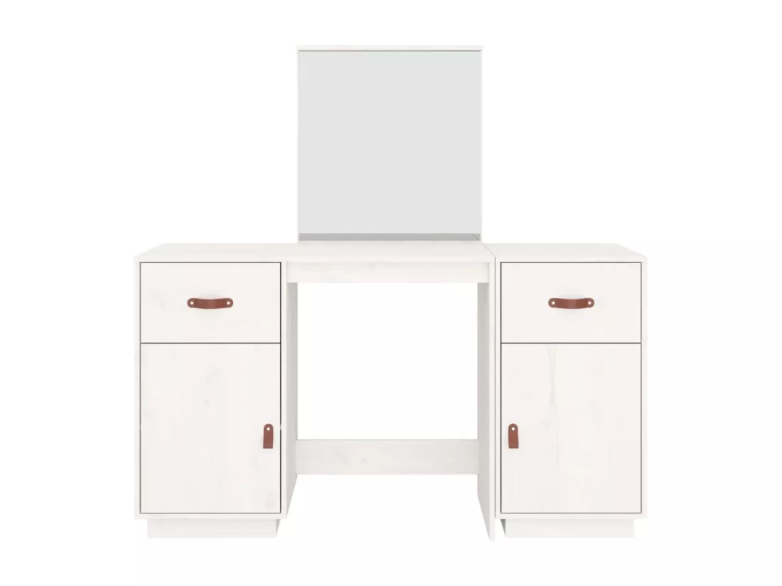 Ensemble de coiffeuse avec miroir Blanc Bois de pin solide