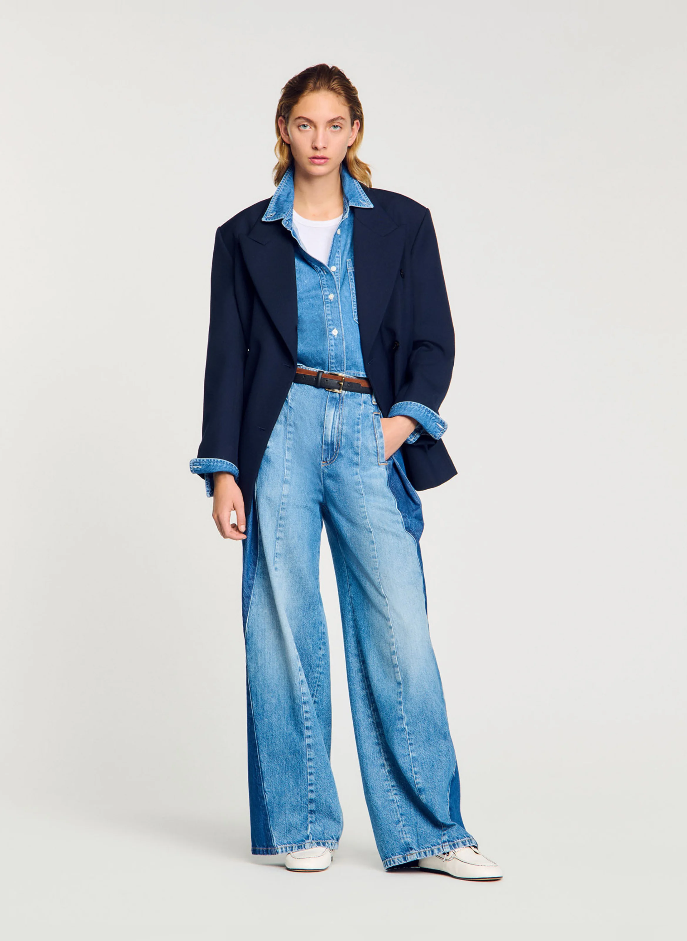 Jean large à empiècements en coton| Bleu