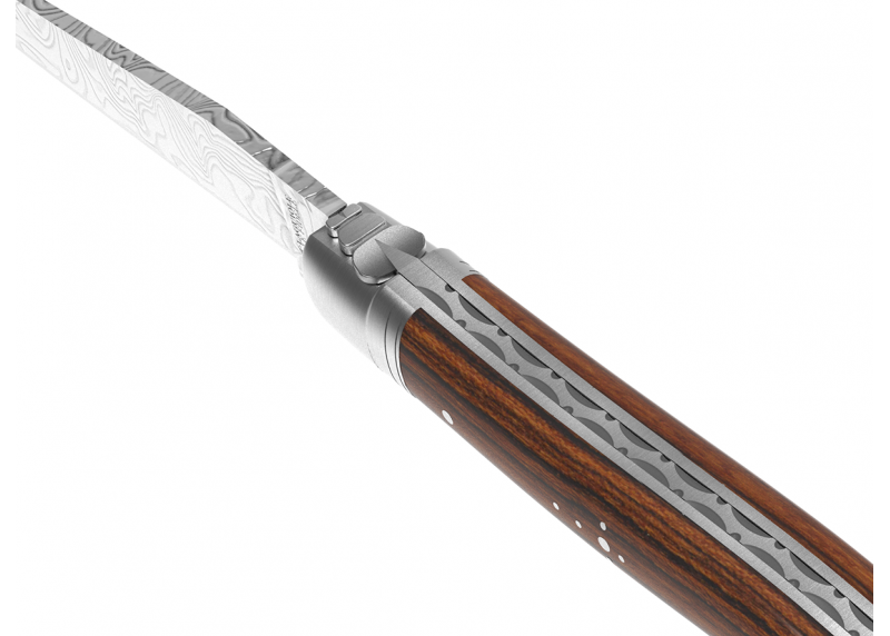 Couteau Laguiole collection damas avec un manche en bois de bocote et 2 mitres en acier inoxydable