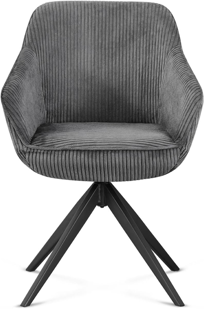 B&D home® Esszimmerstuhl ARVIT drehbar – mit Armlehnen, 360° Drehfunktion, Moderner Cordstoff in Dunkel Grau, Metallgestell schwarz, komfortabel gepolstert