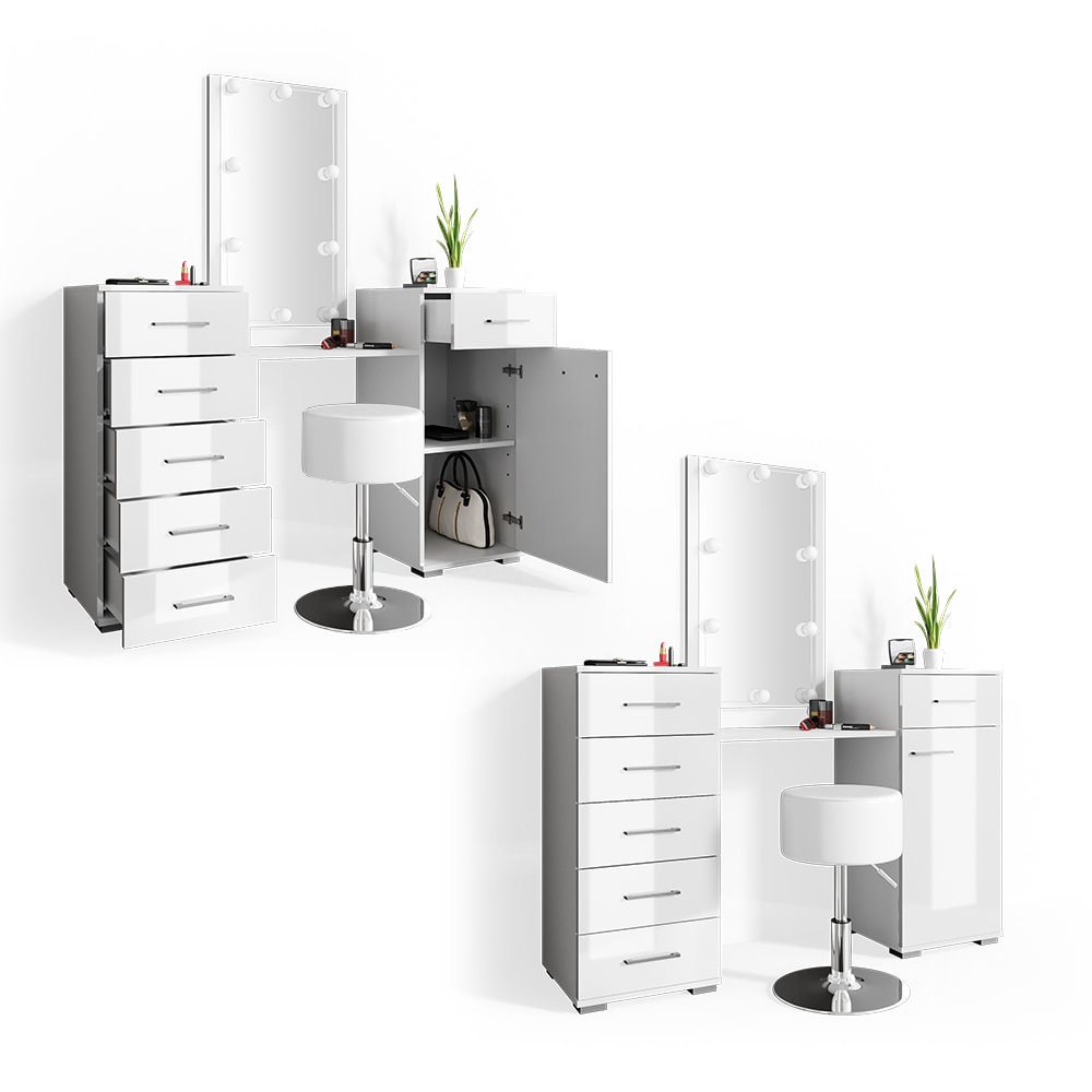 Vicco Schminktisch Zoe Frisiertisch Frisierkommode Spiegel Weiß Hochglanz inklusive Hocker und LED-Lichterkette