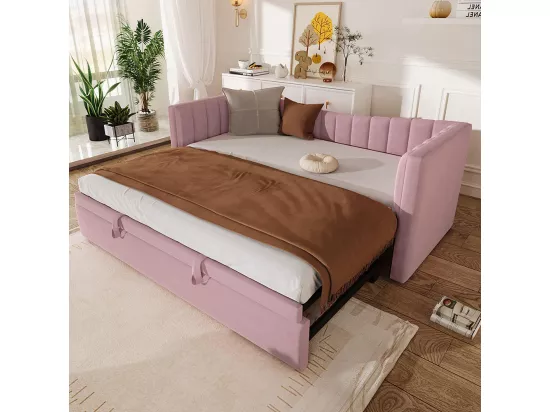Lit gigogne Lit de jour 90x200 cm (180x200 cm) lit simple lit double avec sommier velours style minimaliste Rose