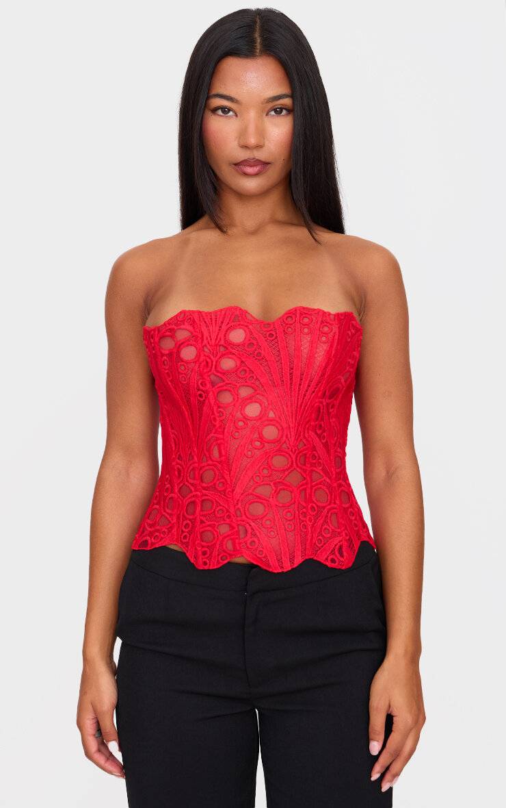 Rouge Corset En Dentelle Florale Transparente Texturée