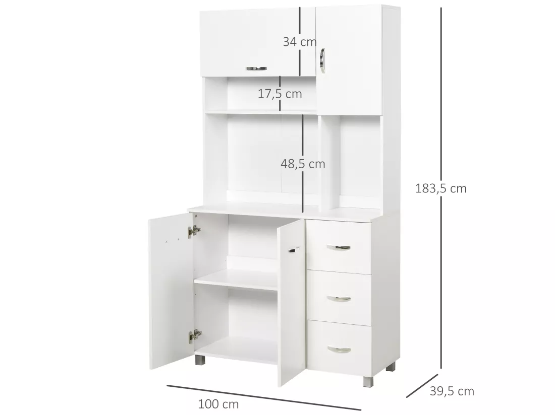 HOMCOM Armoire de cuisine multi-rangements 4 portes 3 tiroirs étagère + grand plateau 100L x 39l x 183H cm MDF blanc