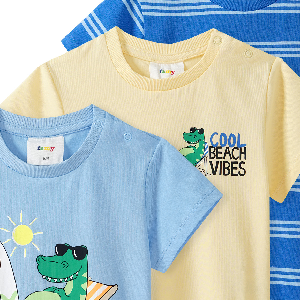 Famy 3 Baby T-Shirts in verschiedenen Dessins hellblau / hellgelb / blau