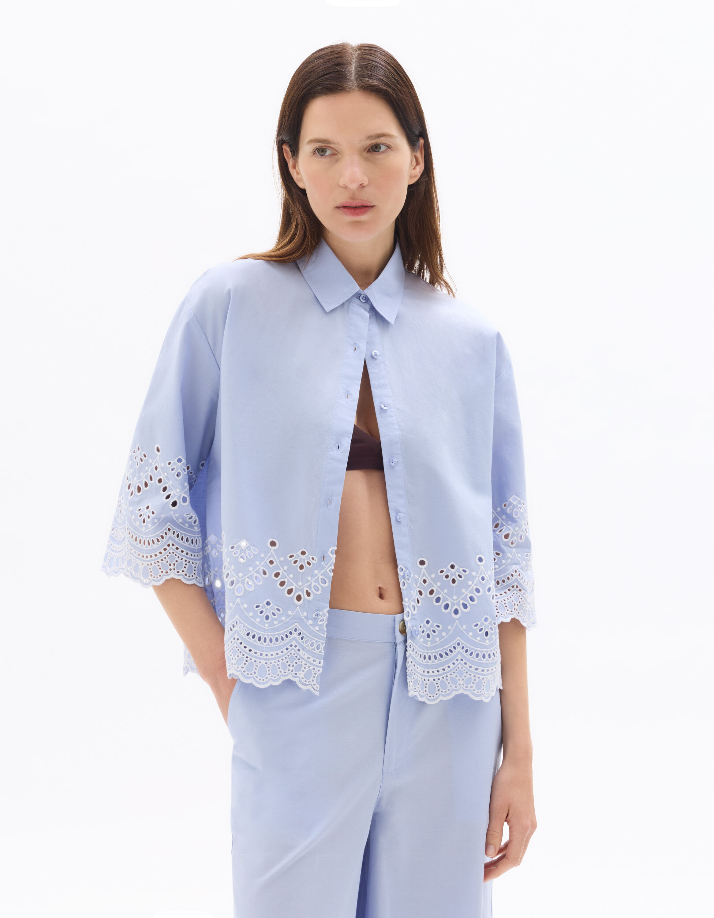 Chemise en popeline 100% coton en broderie anglaise - bleu lavande