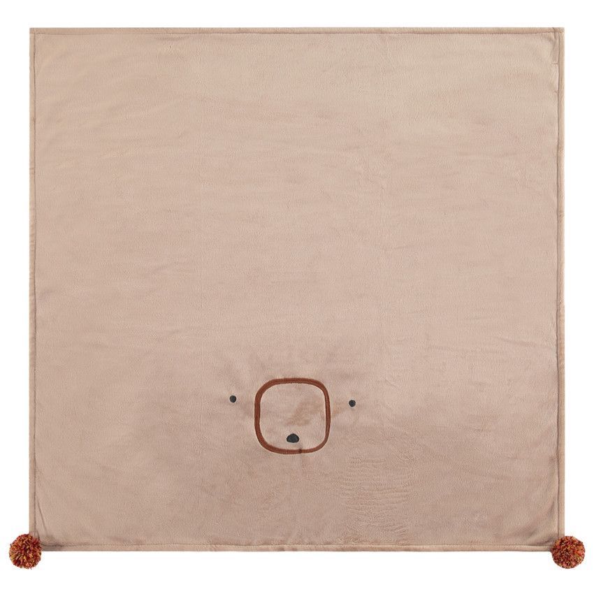 Couverture en sherpa fine motif animal et pompons - Beige