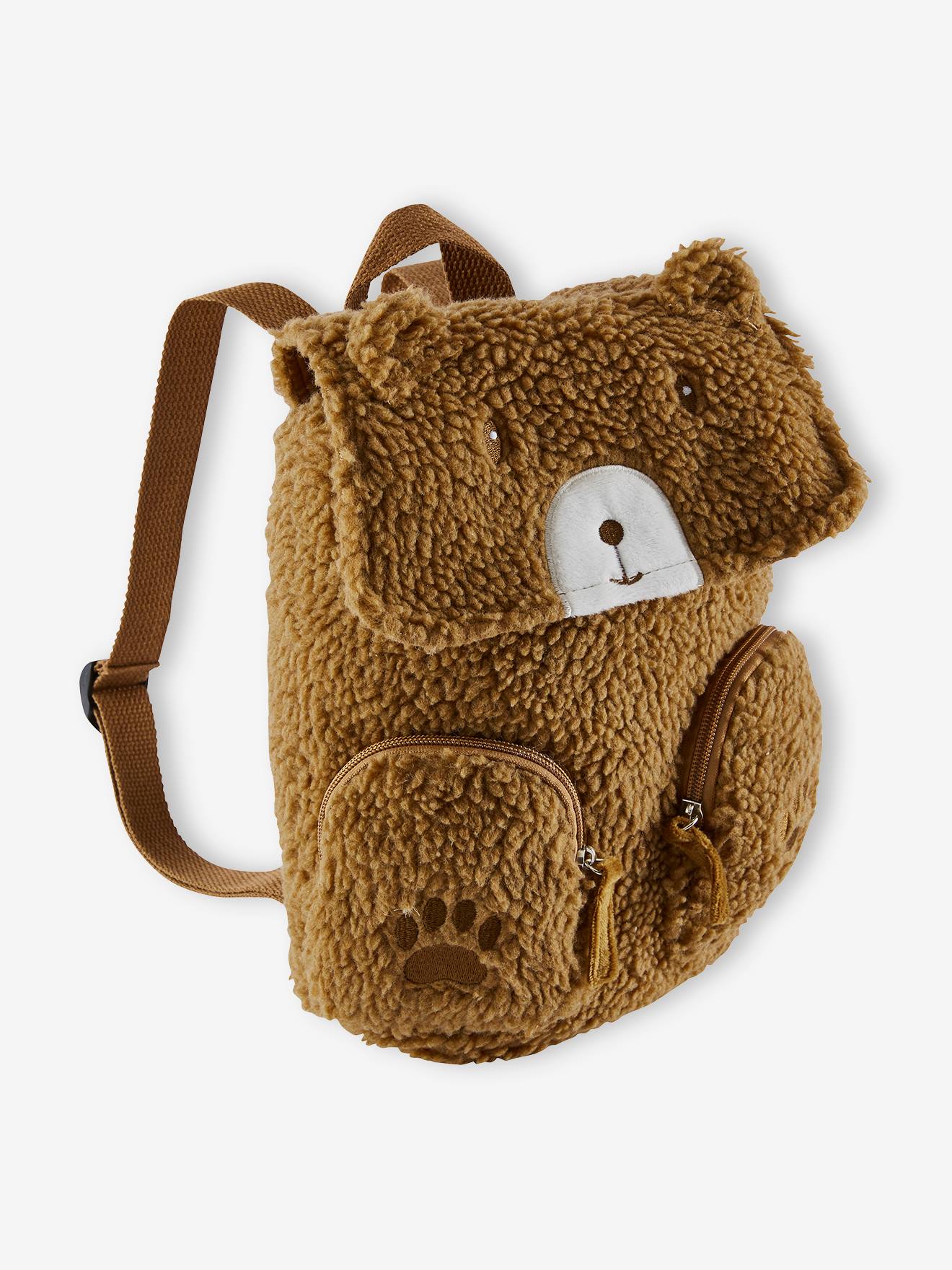 Mochila marrom média lisa com estampa de urso.