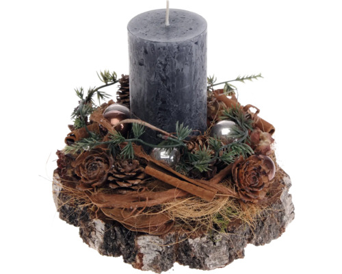 Adventsbloemstuk, tafelstuk, Ø 19 cm, H 17 cm, berkenhouten schijf, incl. 1 rustieke kaars, antraciet