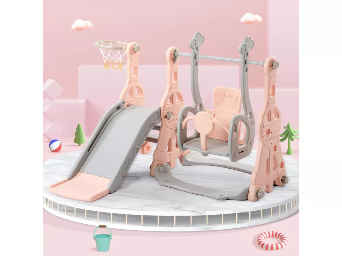 Portique enfant toboggan, echelle et balançoire avec panier de basket-ball - aire de jeux 4 en 1 - usage intérieur extérieur - Rose