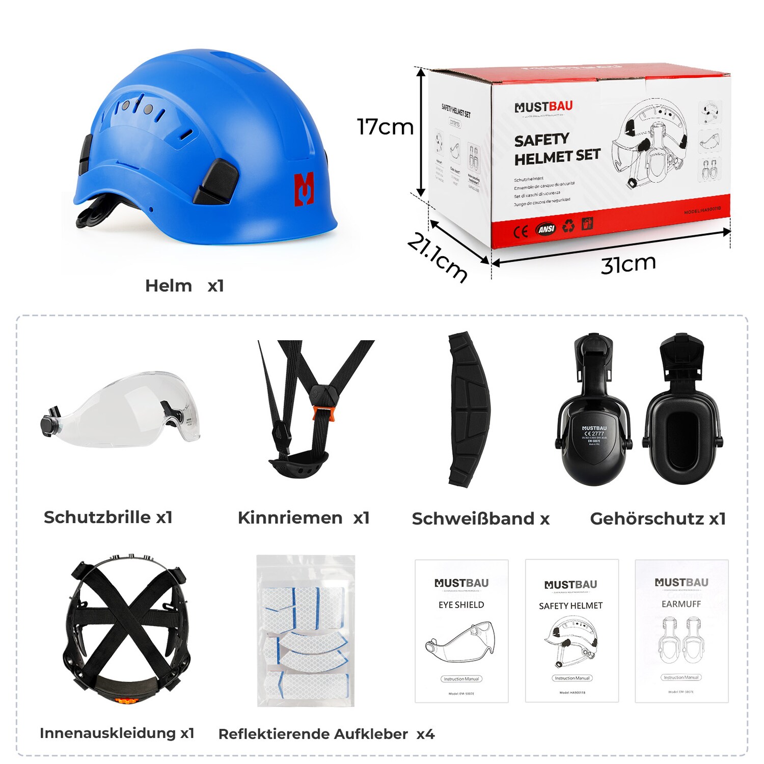 Mustbau Sicherheitshelm-Set, EN397 Schutzhelm mit Ohr- und Gesichtsschutz, verstellbares Kopfband von 53 bis 63 cm, strapazierfähiges ABS-Material