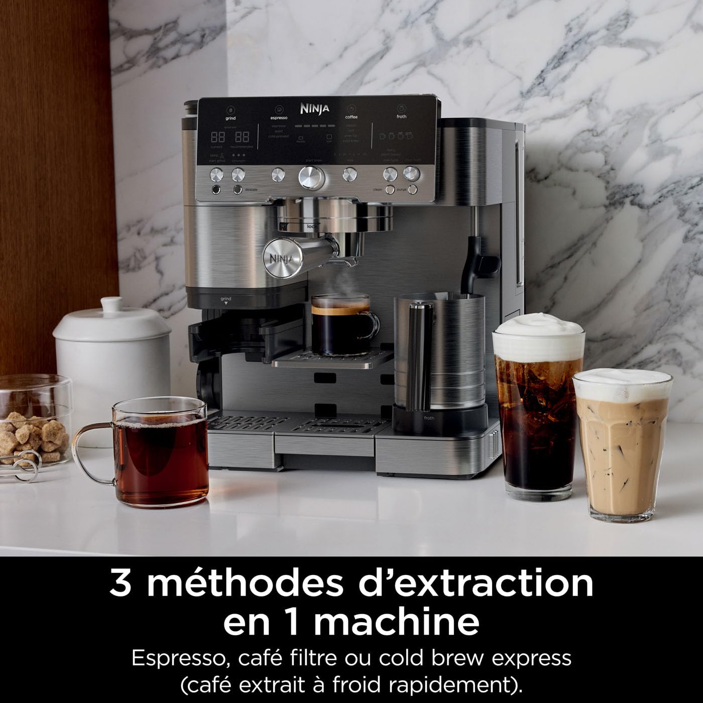 NINJA Machine à café Luxe Premier 3-en-1, Latte, Cappuccino, Infusion à froid et Espresso avec broyeur à grains et mousseur à lait intégrés, facile à