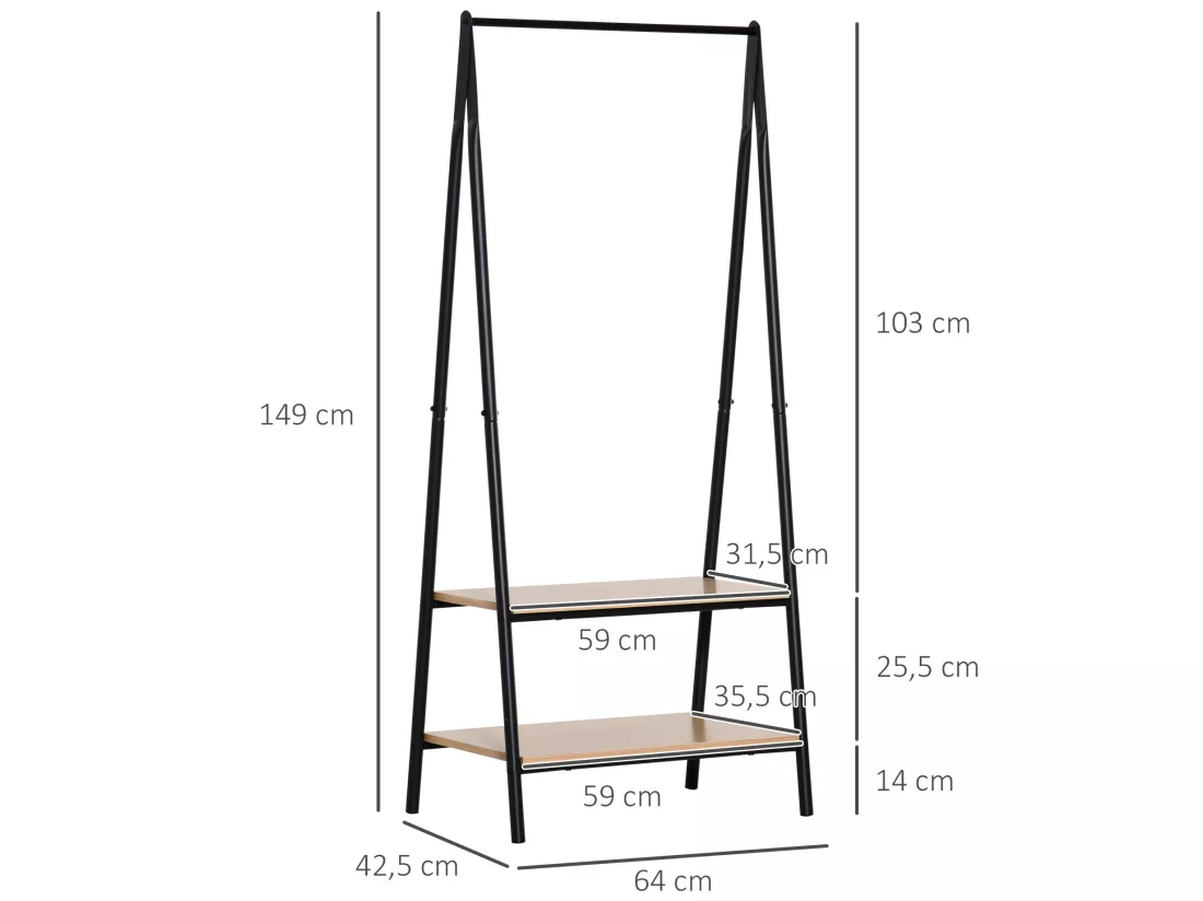 Portant à vêtements penderie style contemporain triangulaire dim. 64L x 43l x 149H cm 2 étagères MDF bois clair acier noir