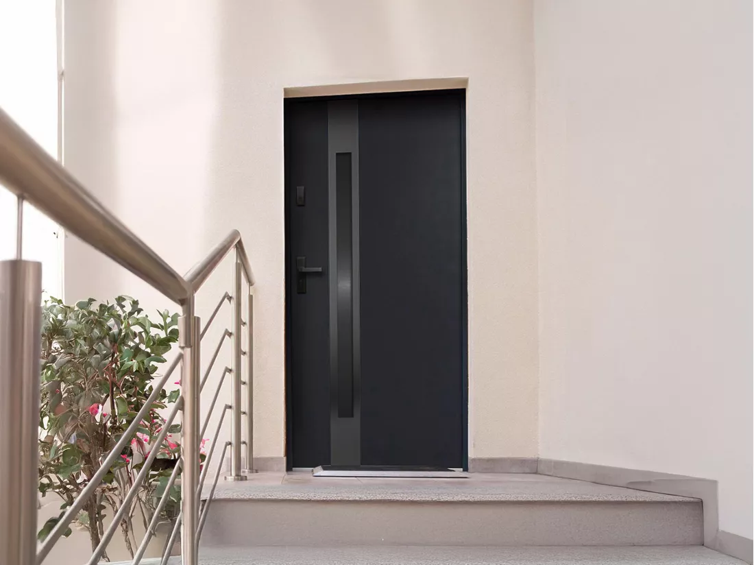 Porte d'entrée en acier pleine et inox H207 x L100 cm - verre fumé - noir et anthracite - poussant droit - BRAGA
