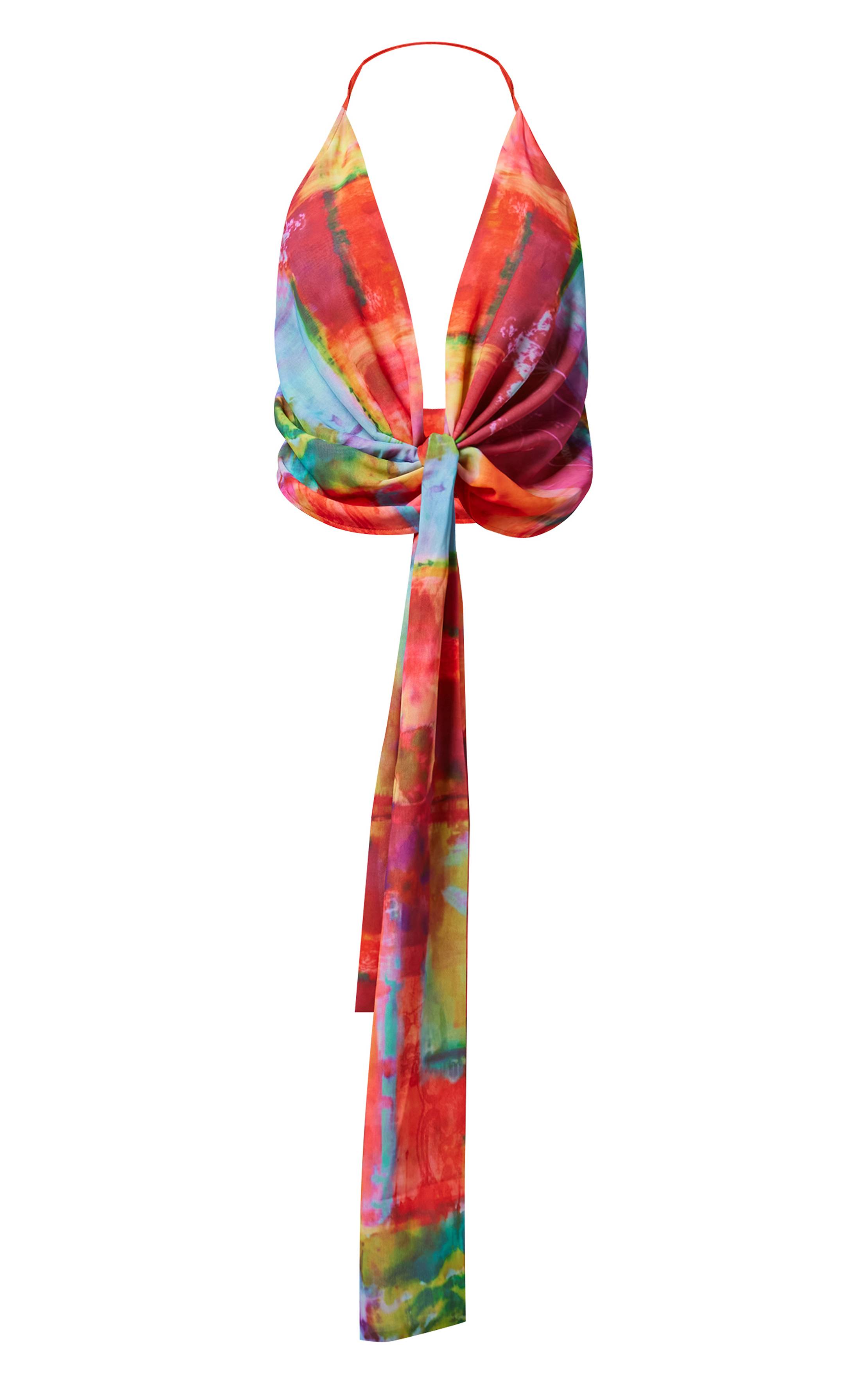 Multicolore Top Long Col Halter Avec Détail De Nœud Drapé En Mousseline Crème