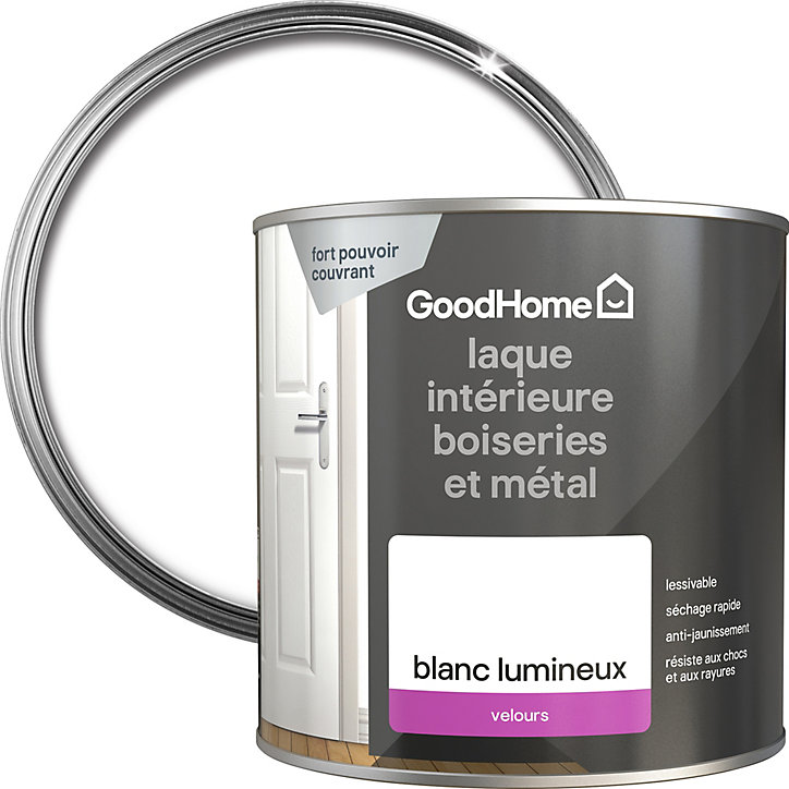 Laque haute résistance boiseries et métal GoodHome velours blanc 2,5L