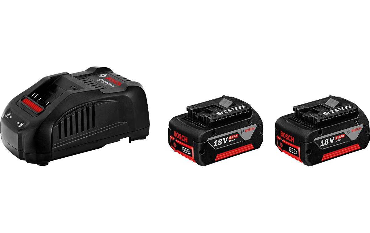 Akku und Ladegerät 2 x GBA 18 V 5 Ah<br>Lithium-Ionen-Akkus und Ladegerät