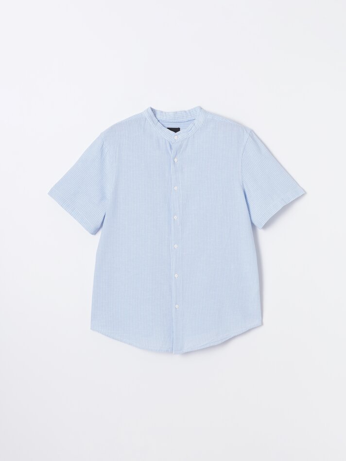 Camisa listrada em algodão e linho - Azul claro