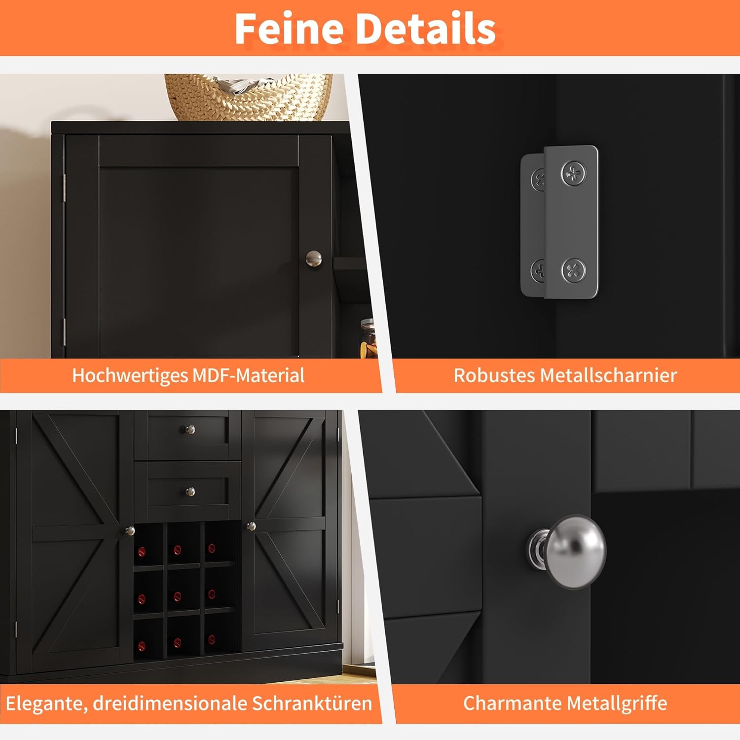 Küchenschrank mit verstellbaren Ablagen & Weinregal, Hochschrank Küchenbuffet mit 4 Türen & 2 Schubladen, Sideboard für Küche & Wohnzimmer, Buffetschrank, Schwarz