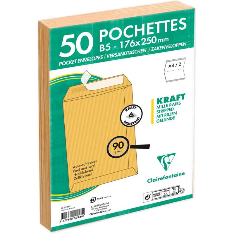Paquet de 50 Pochettes Kraft Milleraies Brun B5-176x250 mm - Auto-Adhésives - 90g/m2 - Brun