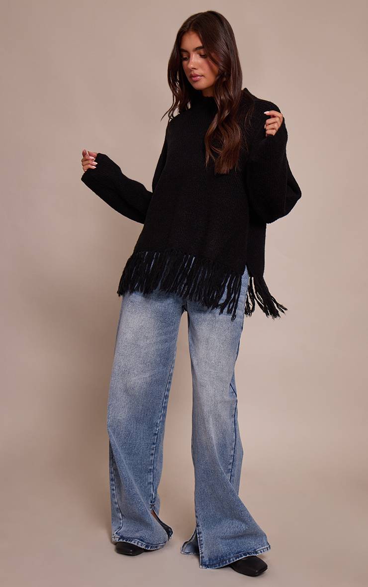 Noir Synthétiquell Oversize Col Rond À Franges