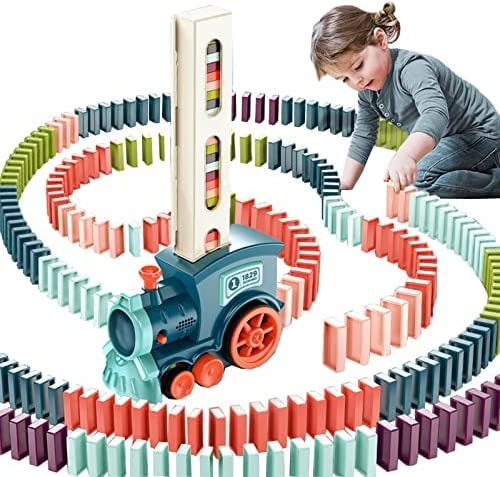 (93-tlg. Set) Domino Zug Kinder Spielzeug Dominostein Aufsteller Eisenbahn mit LED Licht (Batteriebetrieben) - Blau