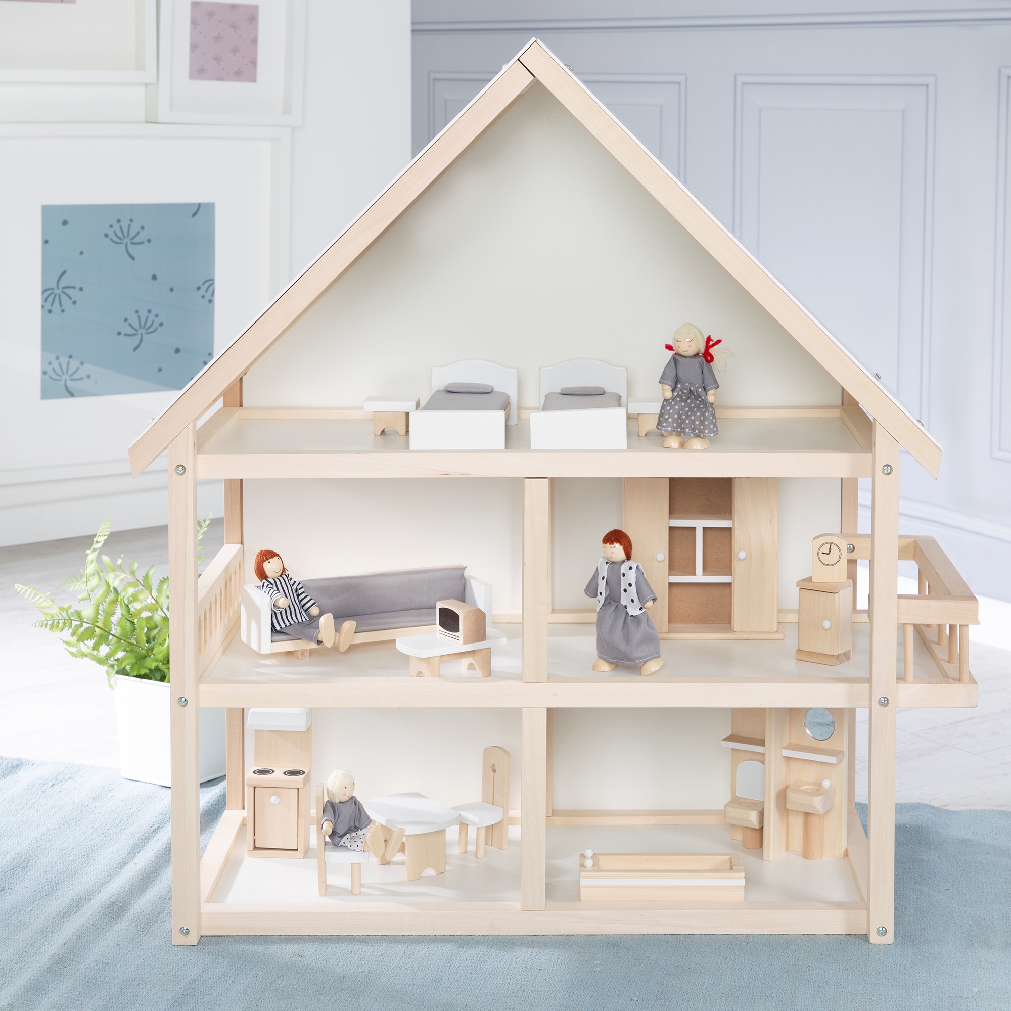 roba® Puppenhaus mit 4 Puppen und 24 Einrichtungsteilen