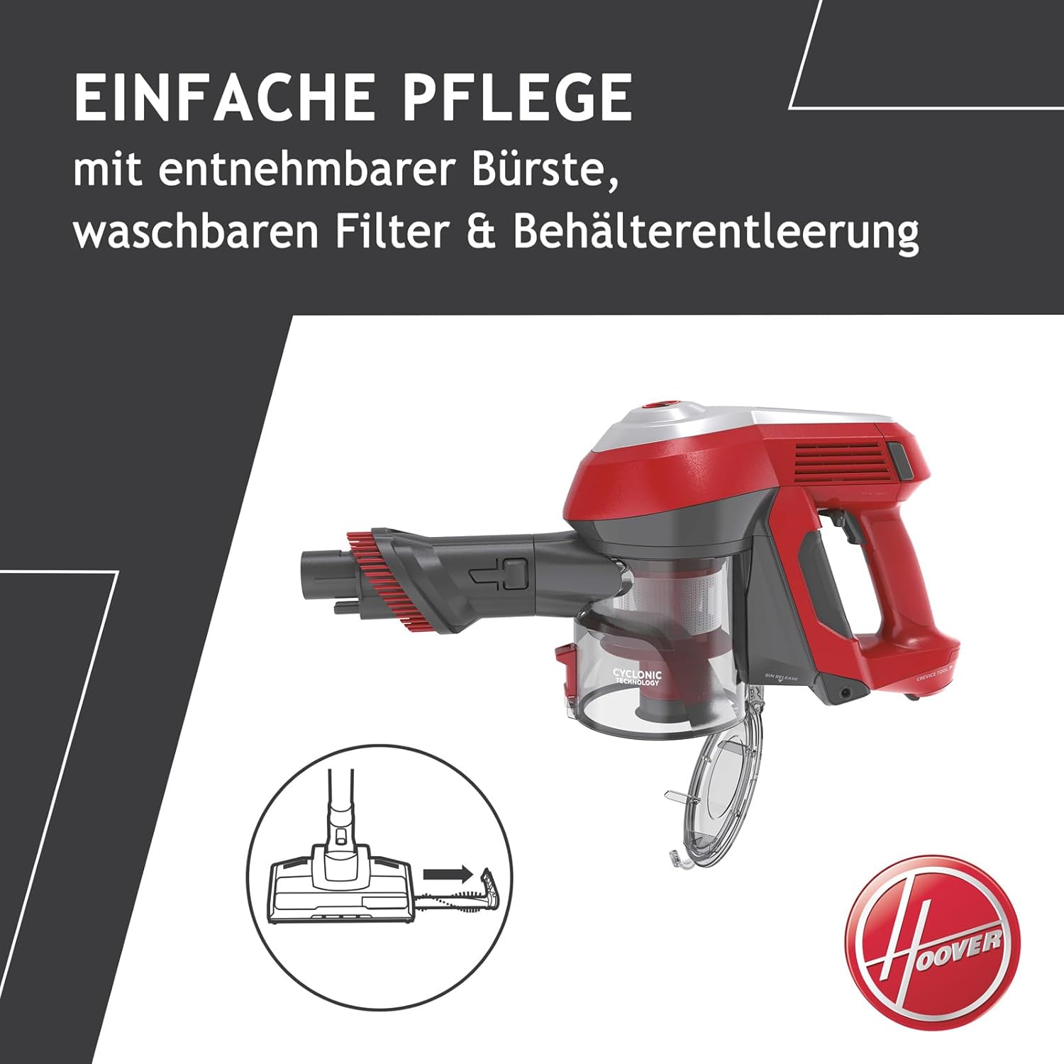 Hoover Akku-Staubsauger H-Free 100 Home ohne Beutel mit bis zu 40 Min. Laufzeit I Staubsauger kabellos mit LED-Licht, XL Staubbehälter & Parkfunktion I Akkusauger mit Fugendüse & Staubbürste