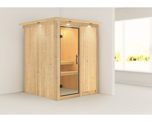 Elementsauna Karibu Achat I zonder oven, met dakkroon en volledig glazen deur van helder glas