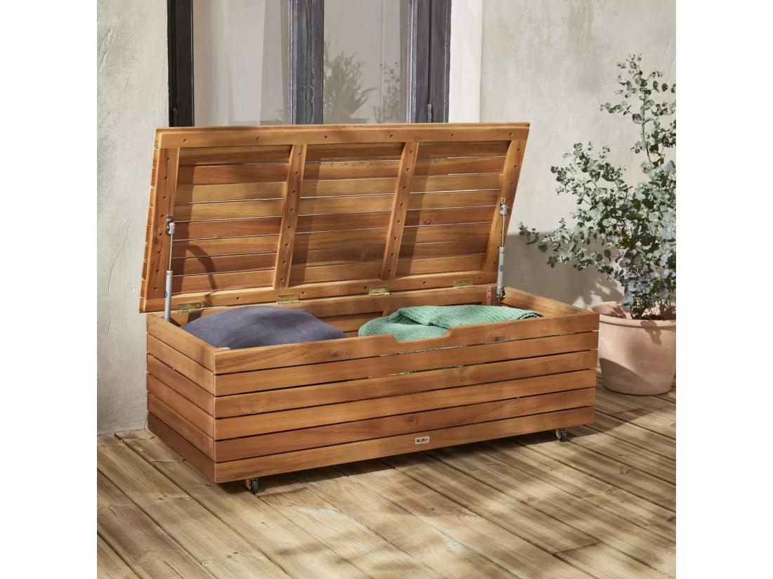 Coffre de jardin en bois - Saragosse - 130L. rangement coussins 107x48.5cm avec vérins et roulettes