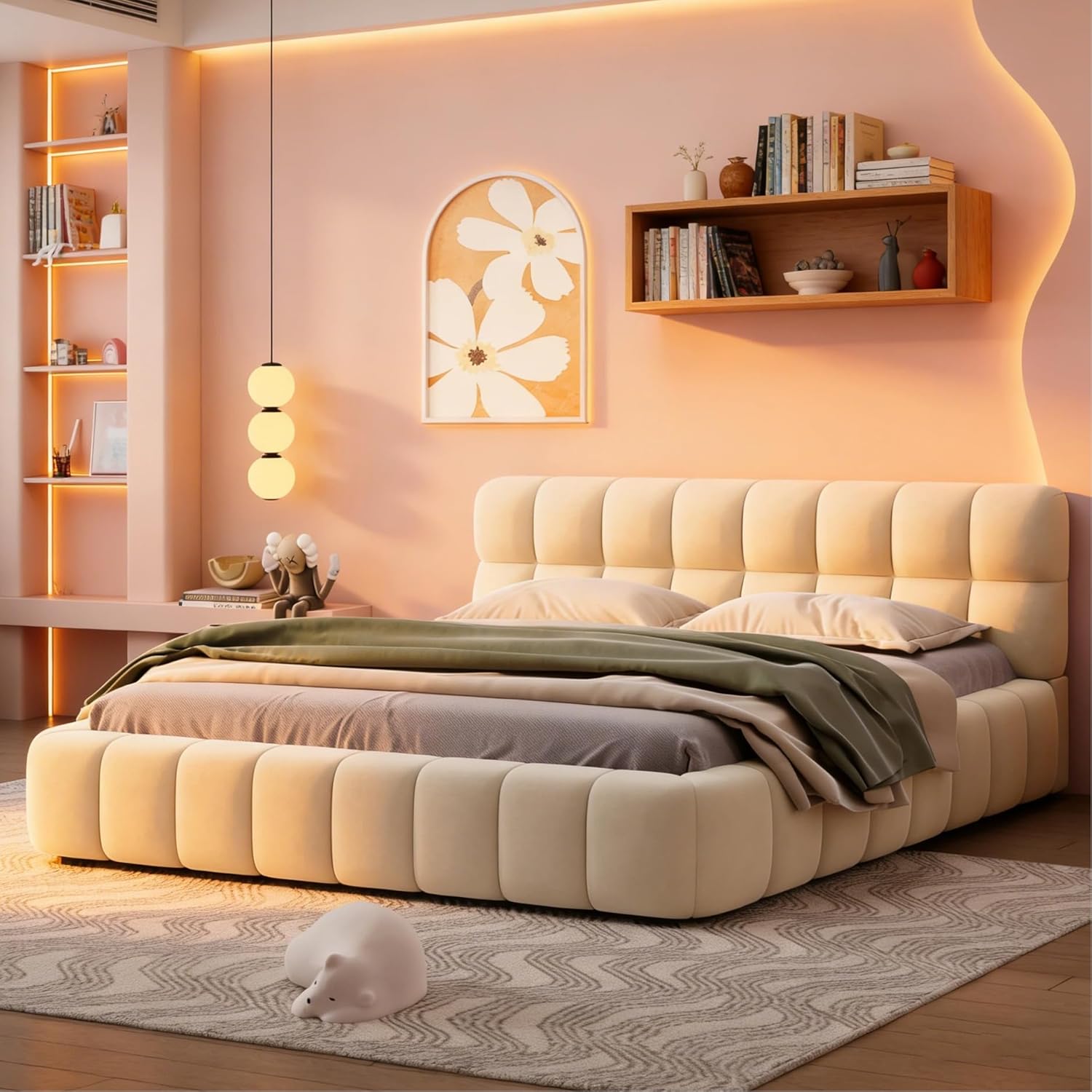 Polsterbett 160x200 cm Bubble Bett, Doppelbett mit Weiches Kopfteil, Jugendbett, Bettgestell mit Lattenrost, Leinen, ohne Matratze (Beige, 160 x 200 cm)
