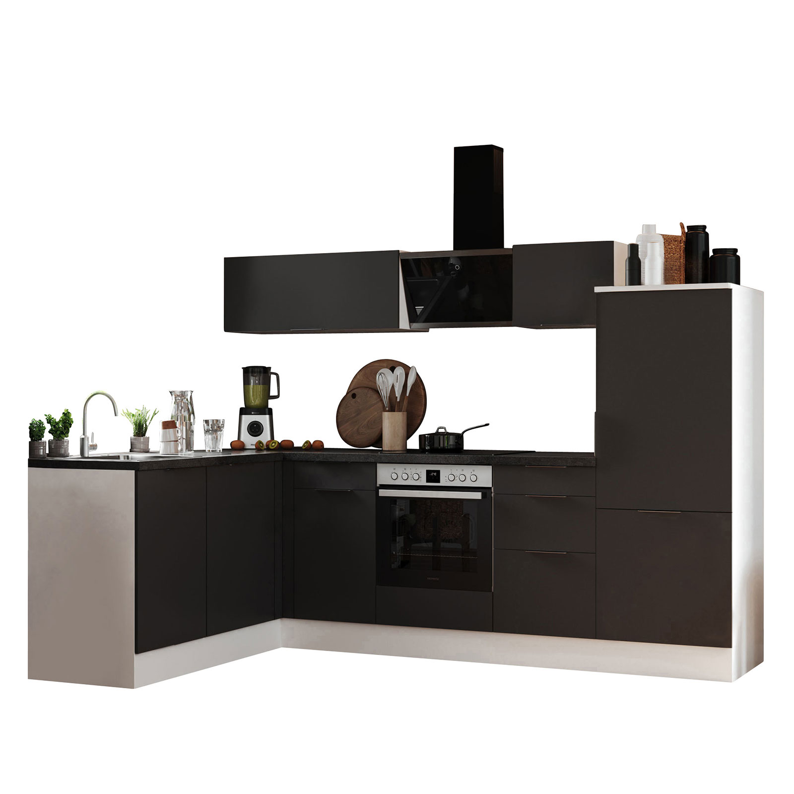 RESPEKTA Winkelküche - grau matt - weiß matt - mit E-Geräten - 280x175 cm