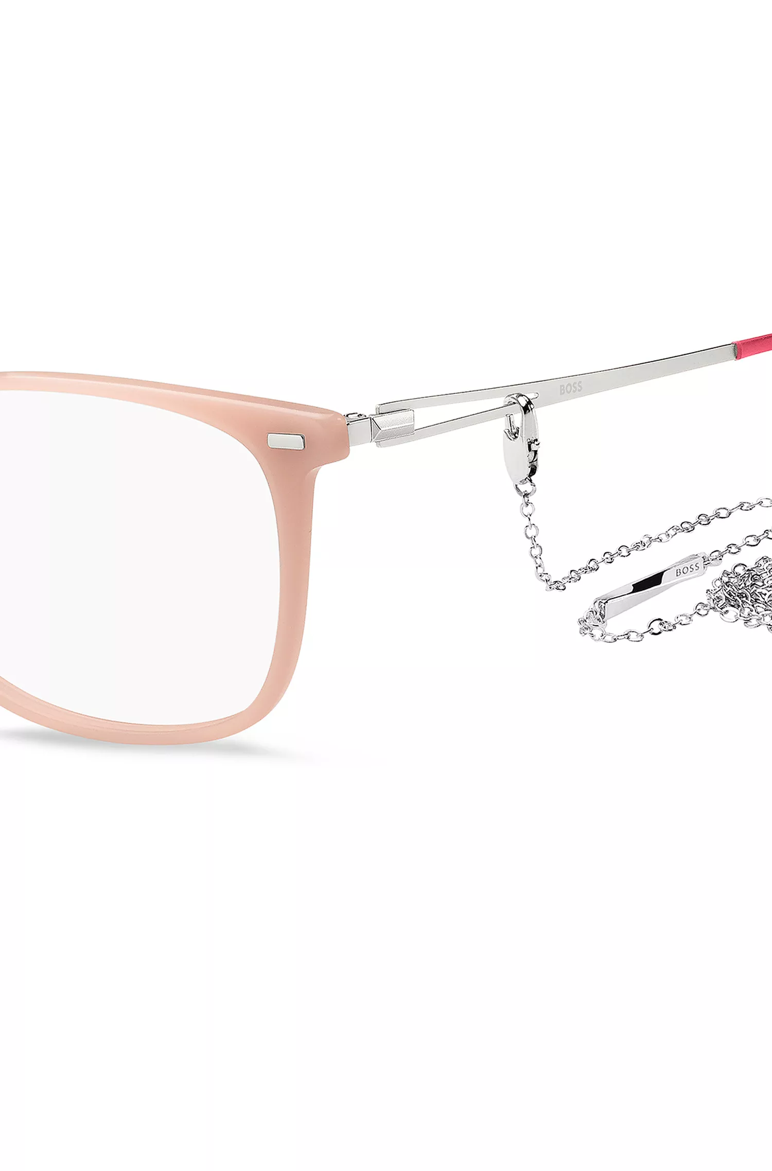Óculos de grau BOSS em acetato preto e rosa com corrente personalizada.