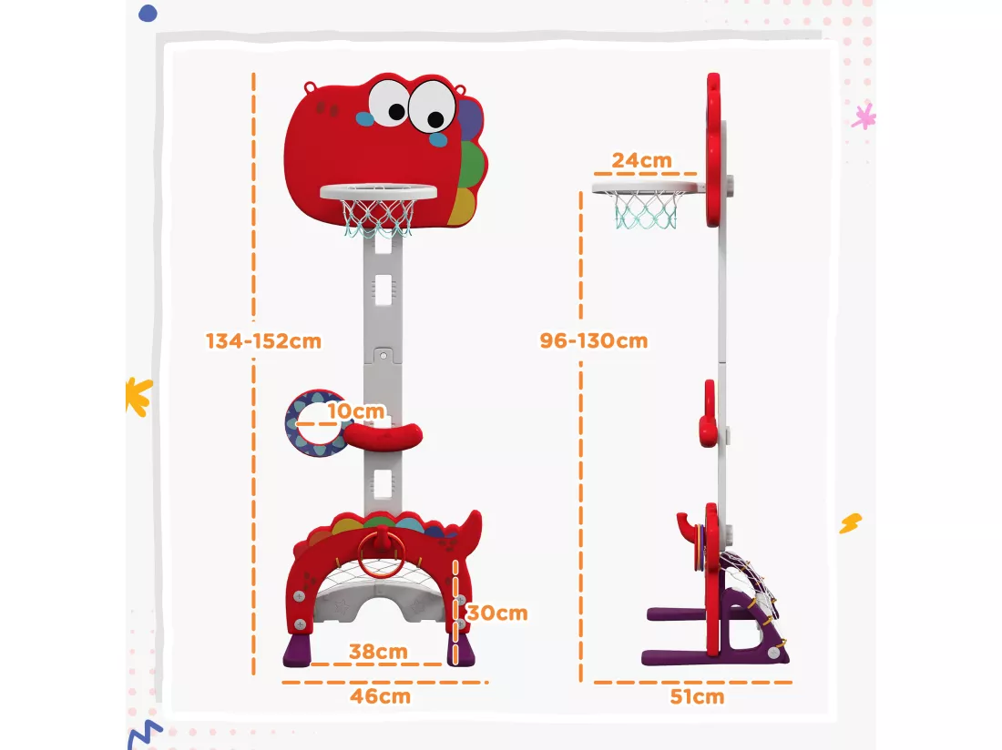 Panier de basket enfant multifonction design dino 3-6 ans - but, golf, 2 jeux de lancer - hauteur réglable - HDPE gris rouge