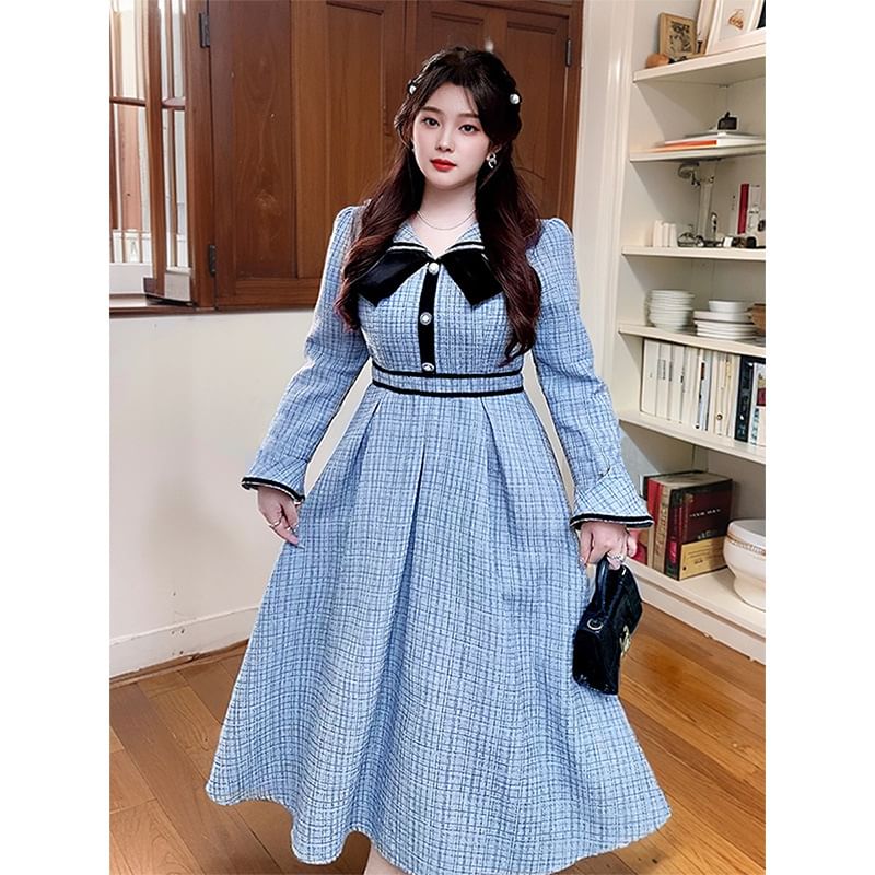 Krezol - Plus Size Lange Mouwen Matrozenkraag Contrasterende Bies Tweed Midi A-lijn Jurk
