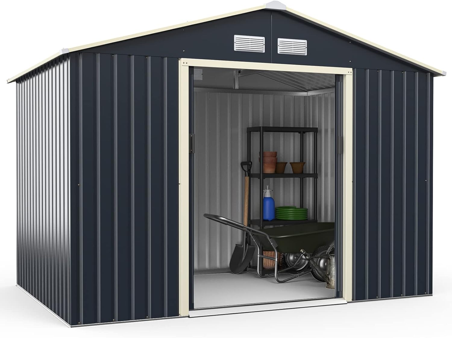 COSTWAY Gerätehaus Metall, 277x191x202 cm, Geräteschuppen abschließbar, Gartenhaus mit 4 Luftschlitzen & Schiebetür, Garten Schuppen für Rasenmäher Fahrräder, Metallschuppen Outdoor