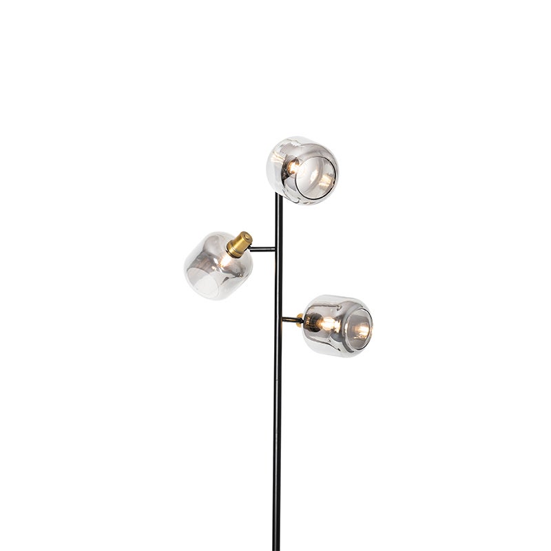 QAZQA - Moderne staande lamp, zwart met gouden accenten, messing met gerookt glas, 3 lampen - Zuzanna, woonkamer, slaapkamer - langwerpig - LED-compatibel, E14-fitting