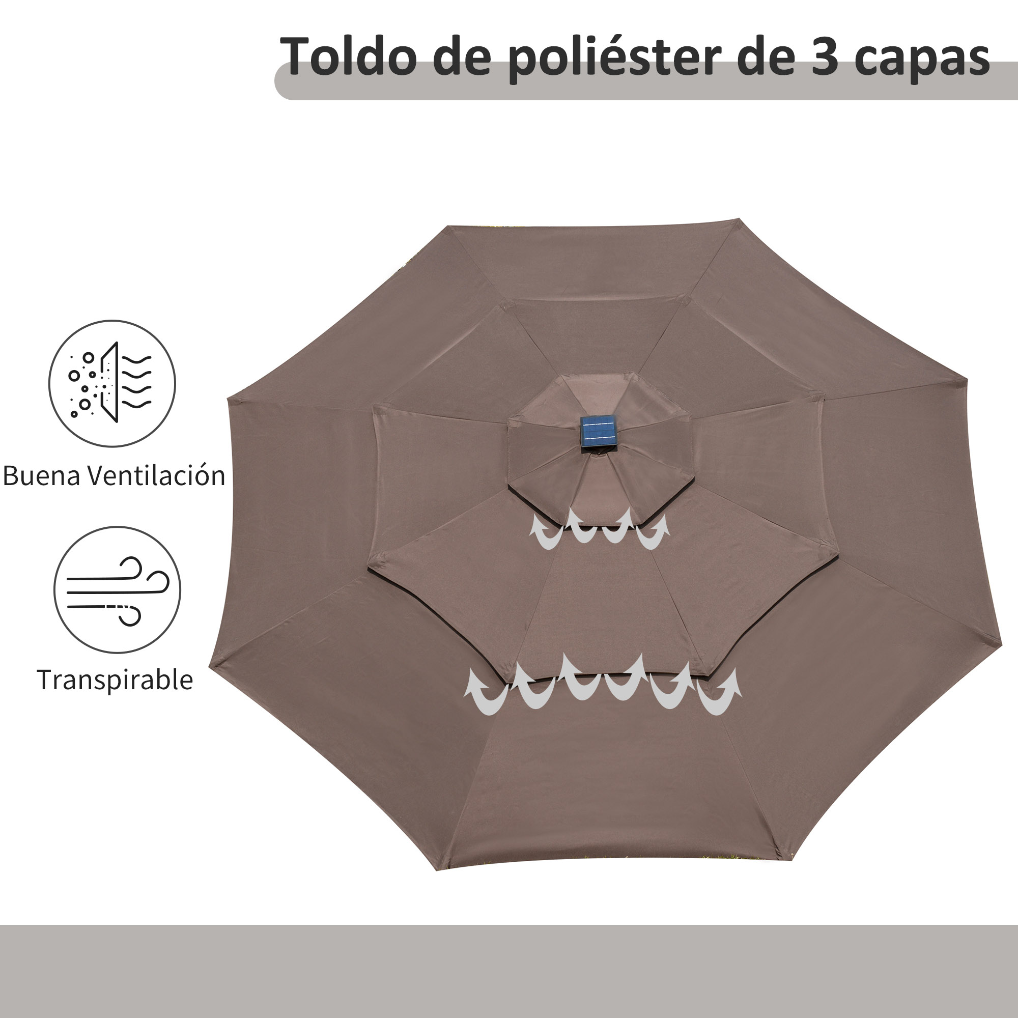 Guarda-sol de jardim Outsunny Ø300x250cm com luzes LED e painel solar, manivela, ângulo ajustável em 3 posições, ideal para pátio, terraço, piscina e café.