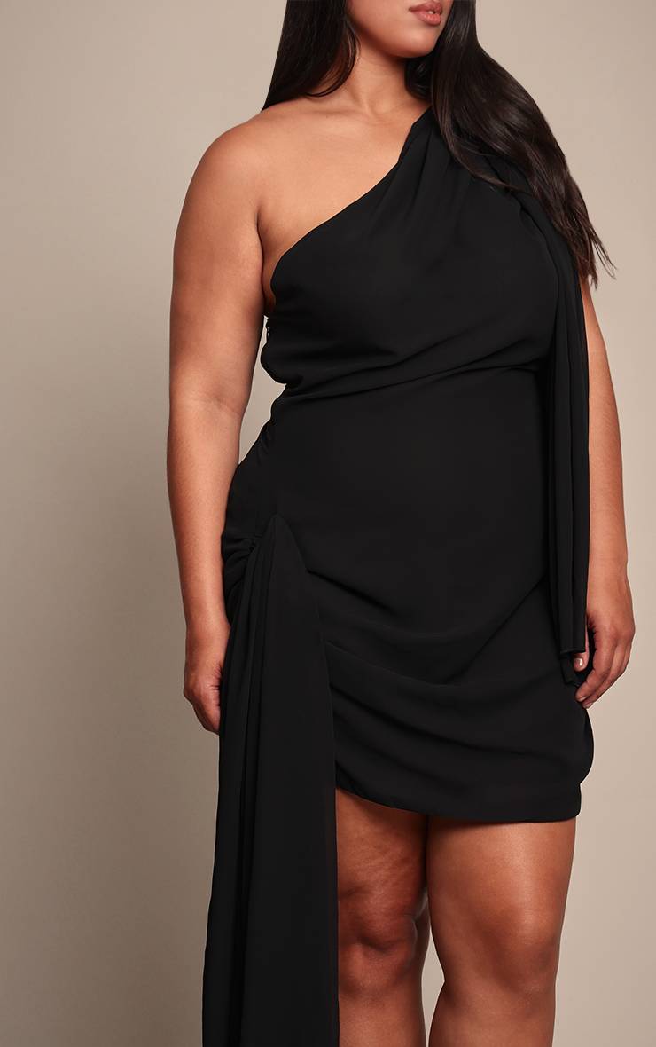 Noir Robe Mini Drapée En Mousseline Détail Asymétrique Grande Taille