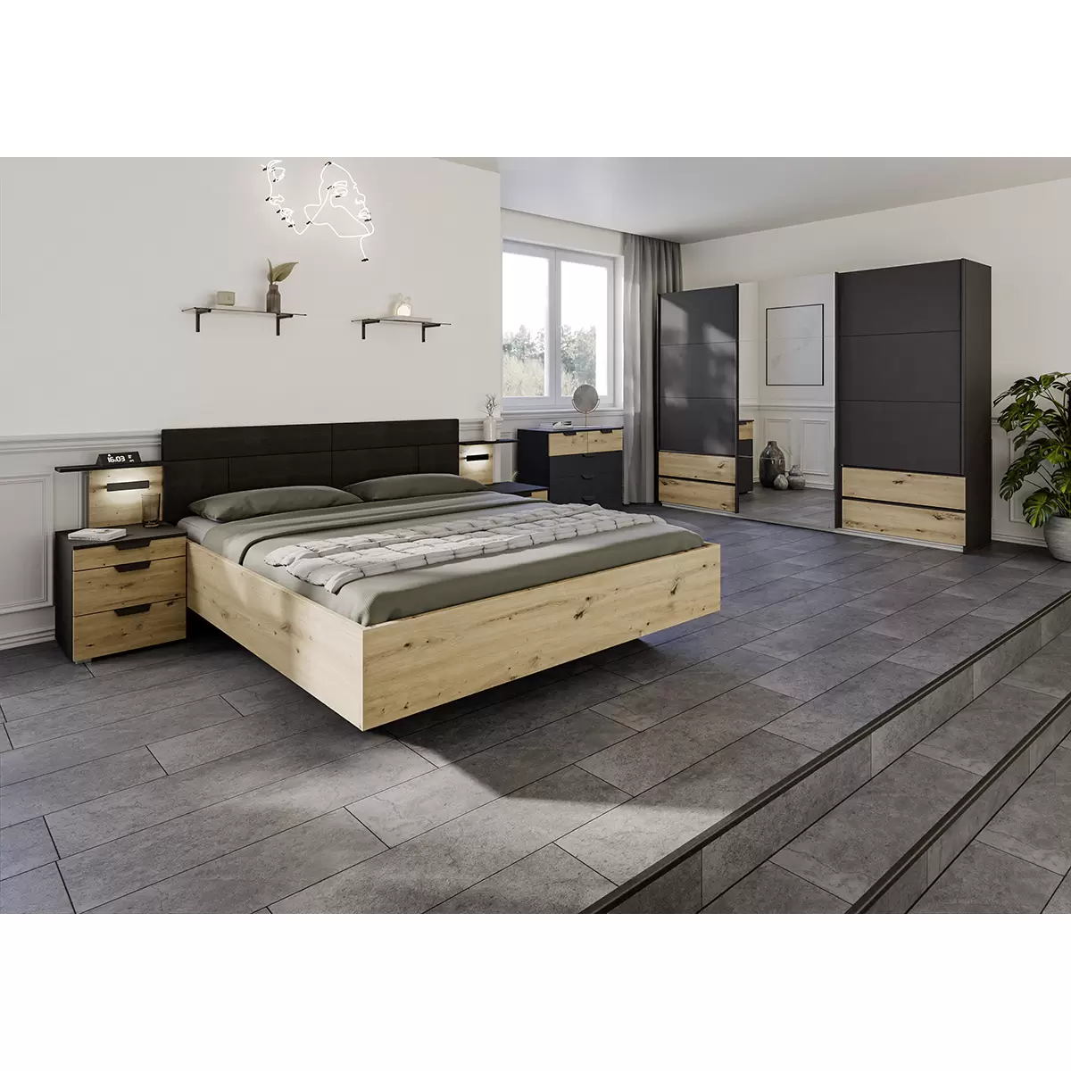 Bett Karpo 180x200 Artisan Eiche,grauschwarz